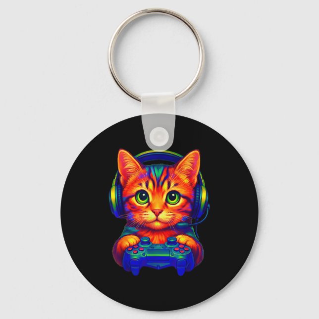 Gamer Cat Video Games Boys Teen Men Girls Funny Ca Schlüsselanhänger (Vorderseite)