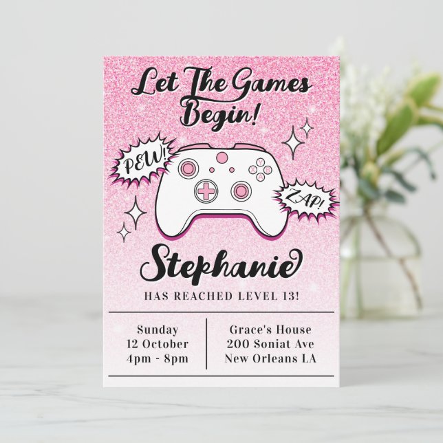 Gamer Controller Girly Pink Glitzer 13. Geburtstag Einladung (Stehend Vorderseite)