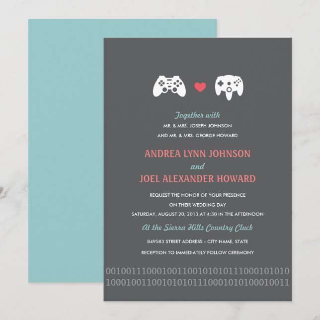 Gamer Controller Liebe Wedding Invites - Red & Gre Einladung (Vorne/Hinten)