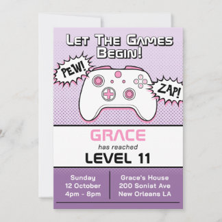 Gamer Girl Lila Controller 11. Geburtstag Einladung