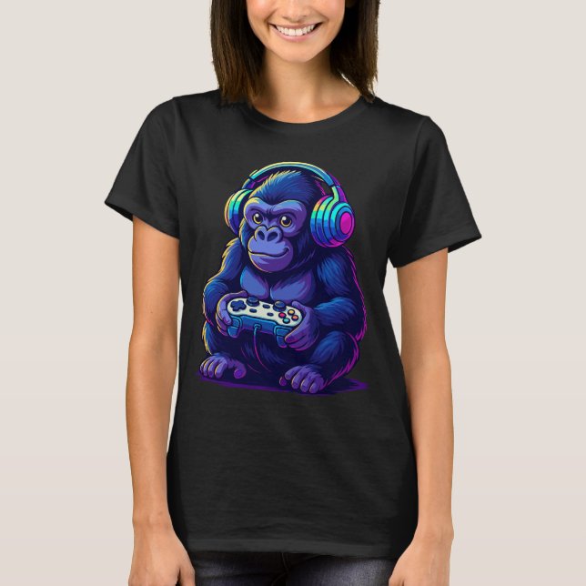 Gamer Gorilla with Headphones — Neon Gaming Vibes T-Shirt (Vorderseite)