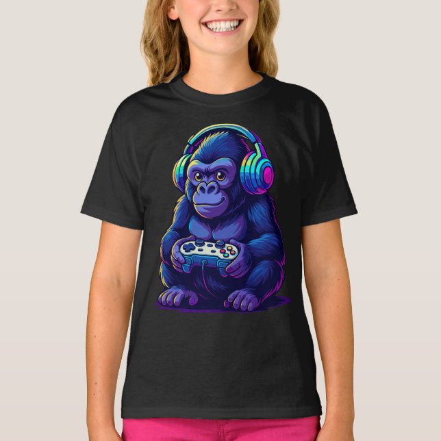 Gamer Gorilla with Headphones — Neon Gaming Vibes T-Shirt (Vorderseite)
