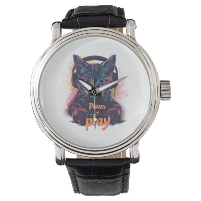 Gamer-Katze Level Up Armbanduhr (Vorderseite)