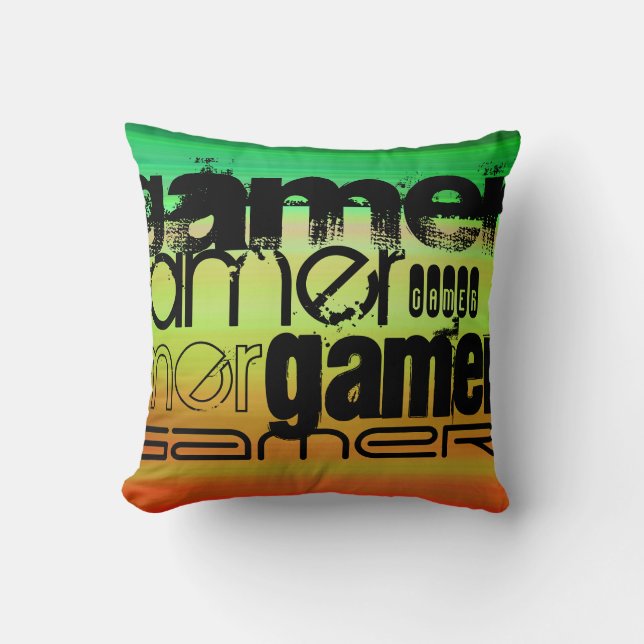 Gamer; lebendig grün, orange und gelb kissen (Vorderseite)