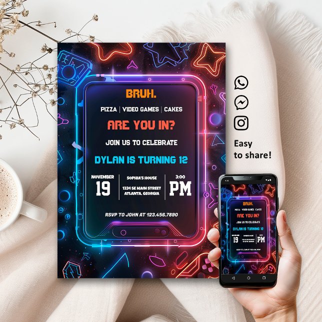 Gamer Neon Anniversaire Fête Invitation numérique (Créateur téléchargé)