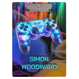Gamer Neon Light Monogram Controller Name Klemmbrett