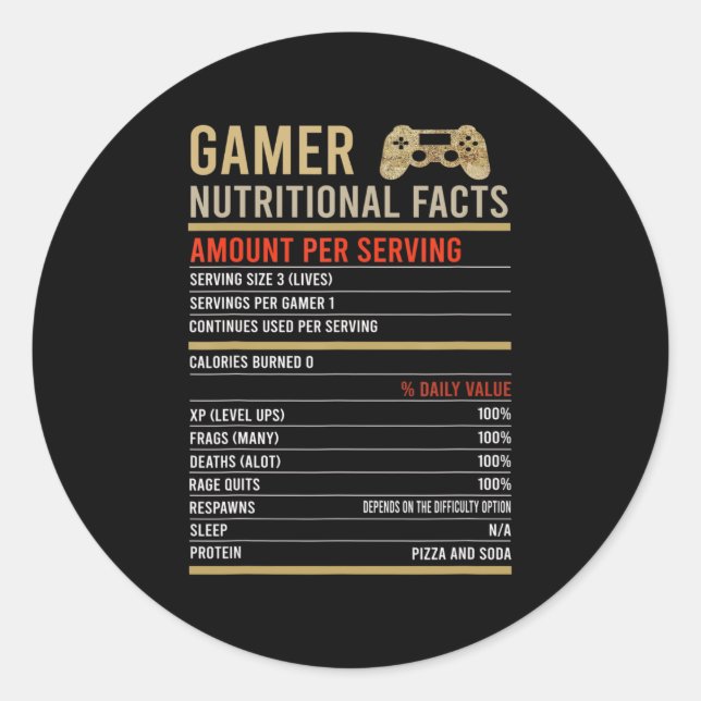 Gamer Nutritional Facts Cool Gamer Video Game Fun Runder Aufkleber (Vorderseite)