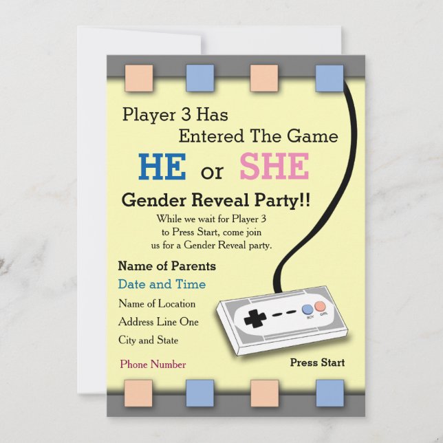Gamer Player 3 Baby Shower Gender-Studie Einladung (Vorderseite)