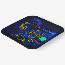 Gamer Retro Neon Blue Pappteller
