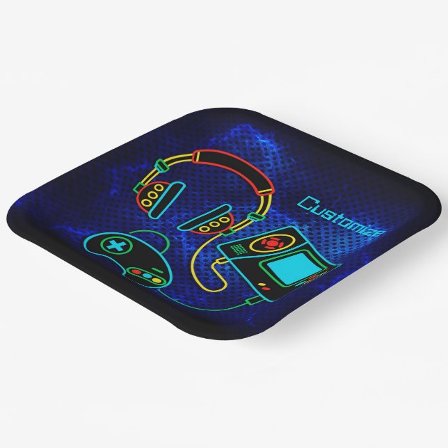 Gamer Retro Neon Blue Pappteller (Gewinkelt)