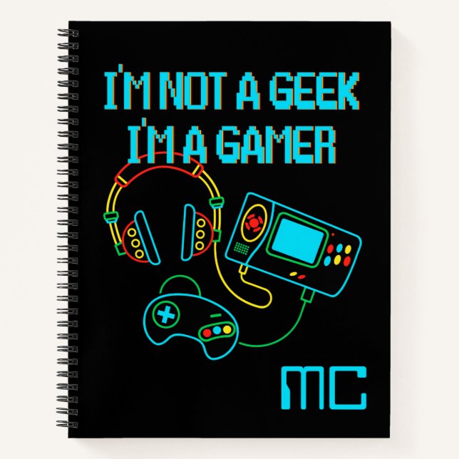 Gamer Retro Neon Mit Monogramm Notizbuch (Vorderseite)