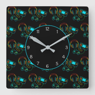 Gamer Retro Neon Pattern Black Quadratische Wanduhr