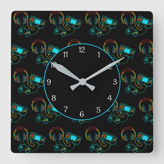 Gamer Retro Neon Pattern Black Quadratische Wanduhr (Vorderseite)