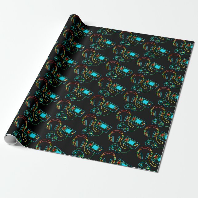 Gamer Retro Neon Pattern Geschenkpapier (Ungerollt)