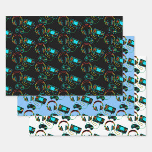 Gamer Retro Neon Pattern Geschenkpapier Set