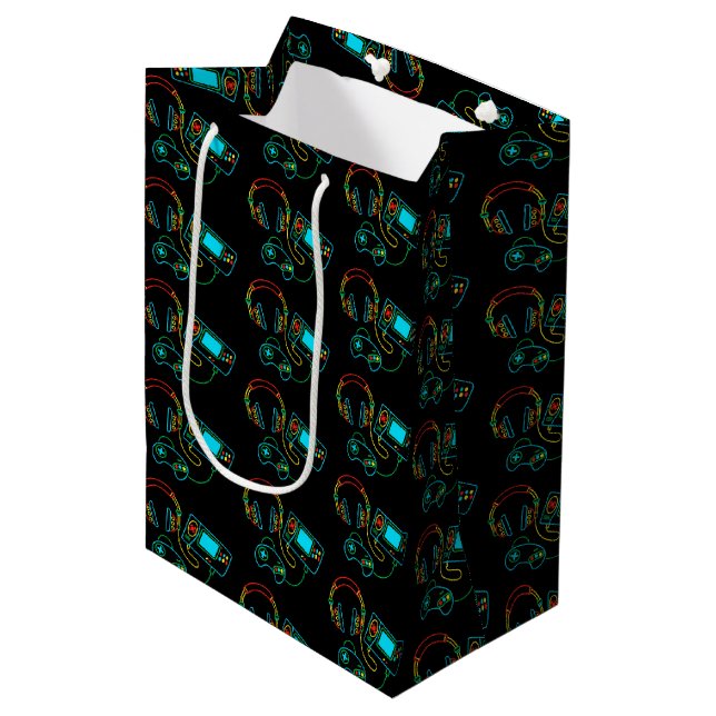 Gamer Retro Neon Pattern Mittlere Geschenktüte (Vorderseite Schrägansicht)