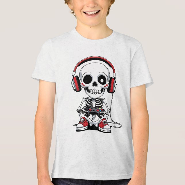 Gamer Skeleton - Funny Halloween Gaming Tri-Blend Shirt (Vorderseite)