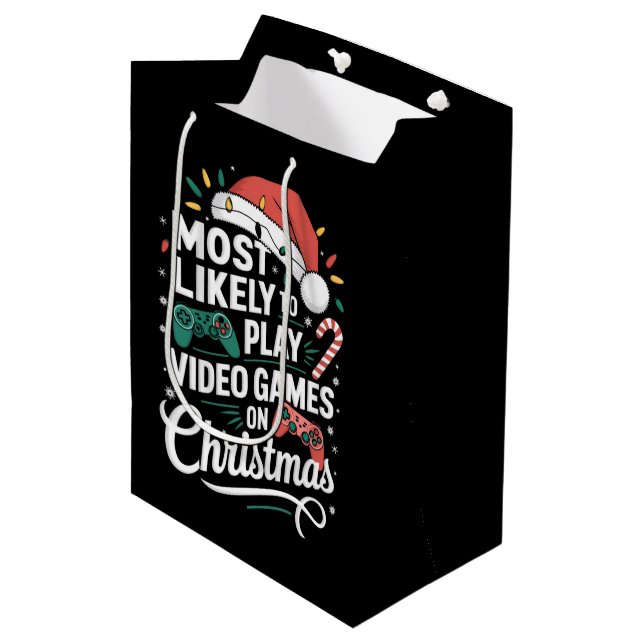 Gamer spielen höchstwahrscheinlich zu Weihnachten  Mittlere Geschenktüte (Vorderseite Schrägansicht)