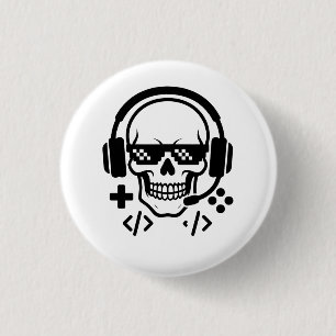 Gamer Totenkopf Kopfhörer Pixel Brille   Fett Schw Button