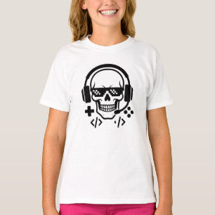 Gamer Totenkopf Kopfhörer Pixel Brille   Fett Schw T-Shirt