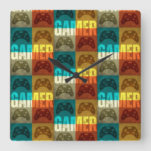 GAMER VINTAGE VIDEOSPIELKONTROLLER QUADRATISCHE WANDUHR