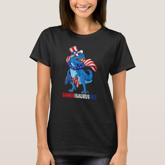 Gamerisaurus Rex Dinosaur Gamer American Flag Juli T-Shirt (Vorderseite)