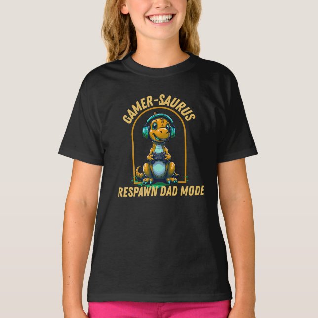 GamerSaurus, Niedlicher Cartoon Dinosaur Gaming De T-Shirt (Vorderseite)