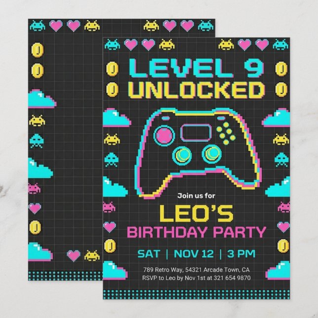 Gaming Birthday Invitation Retro Pixel Gamer Einladung (Vorne/Hinten)
