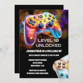 Gaming-Controller Orange Black Neon Gamer Party Einladung