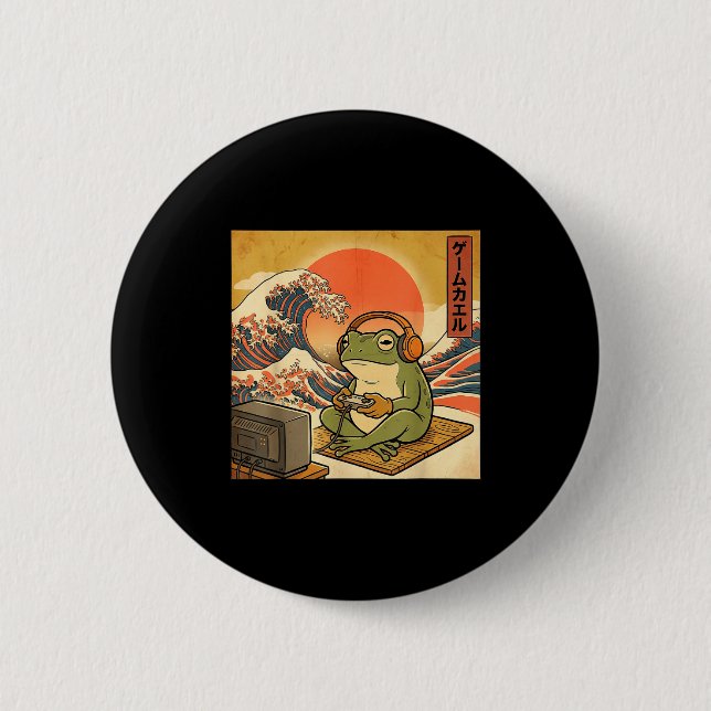 Gaming Frog Art Ukiyo-e Japanese Gamer Anime Men W Button (Vorderseite)