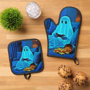 Gaming Ghost gemütliche Nacht in Design Ofenhandschuh & Topflappen-Set