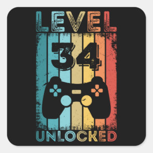 Gaming Level 34 freigeschaltet 34. Geburtstagsgesc Quadratischer Aufkleber