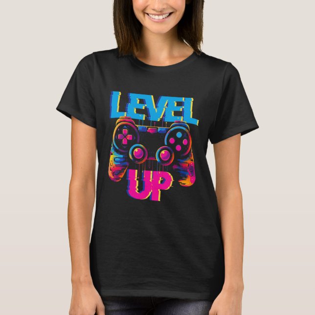 Gaming Level Up Game Controller Videospiel Pop Art T-Shirt (Vorderseite)
