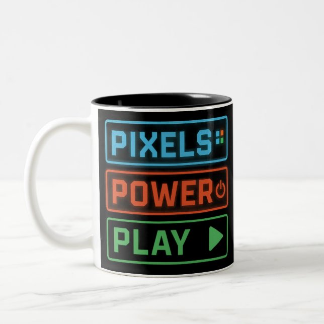 Gaming Mug – Pixels Power Play Neon Coffee Cup Zweifarbige Tasse (Links)