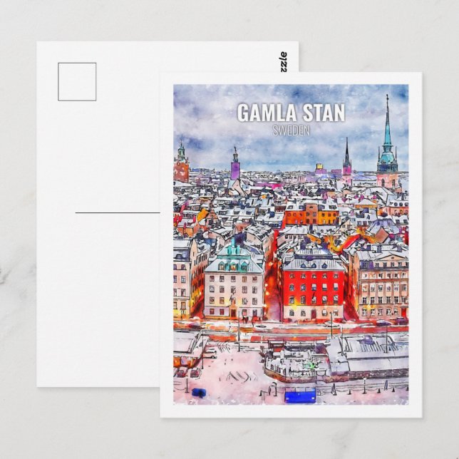 Gamla Stan Schweden Berühmte Wasserfarbskizze für  Postkarte (Vorne/Hinten)