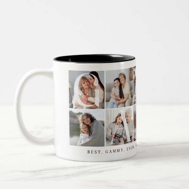 Gammy Collage, 10 Foto Grid, Geschenk für Oma Zweifarbige Tasse (Links)