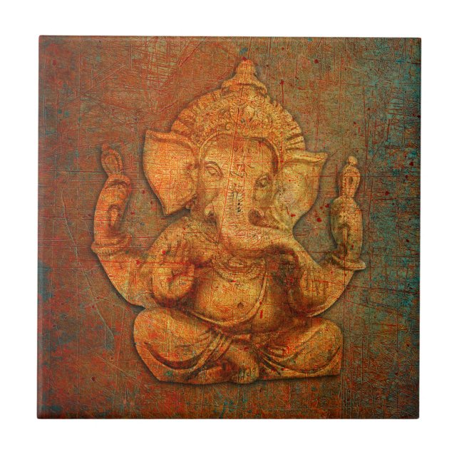 Ganesh auf einem Bedrängnis-Stein-Hintergrund Fliese (Vorderseite)