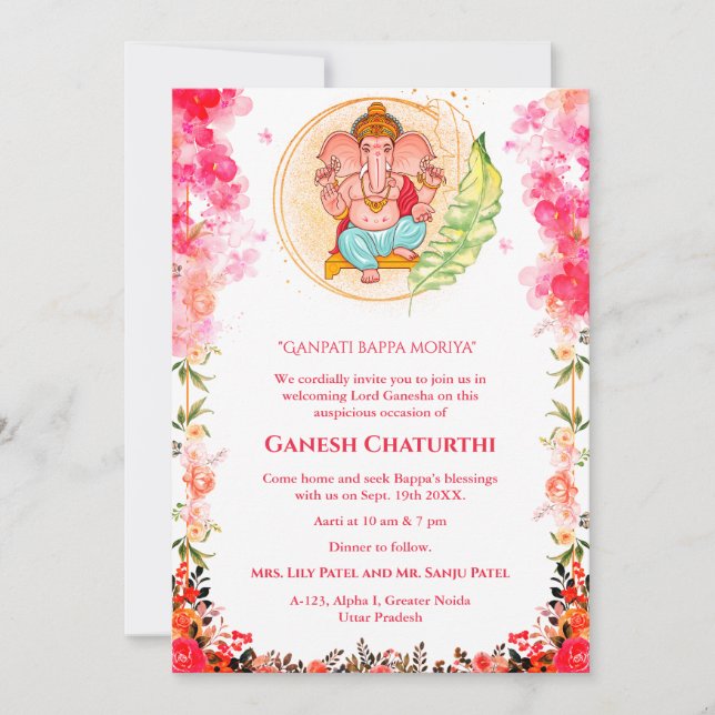 Ganesh Chaturthi Puja Floral Einladung (Vorderseite)