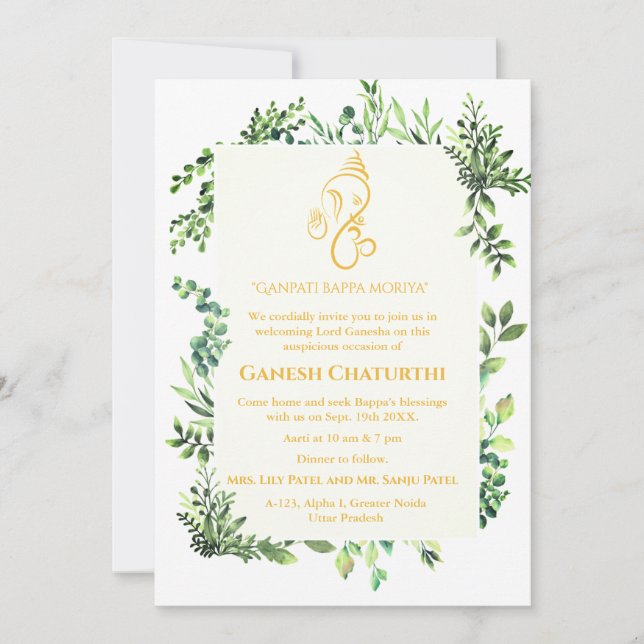 Ganesh Chaturthi Puja Minimal Leafy Tropical Einladung (Vorderseite)