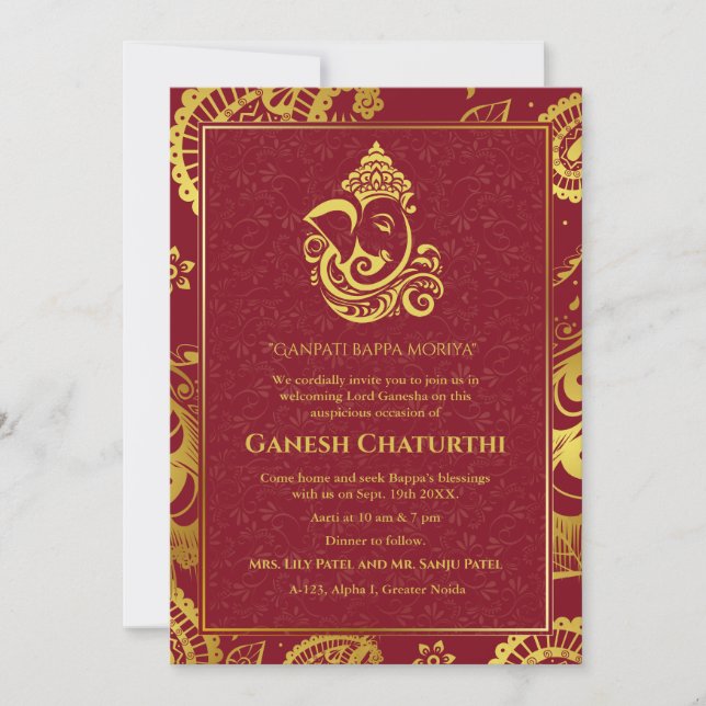 Ganesh Chaturthi Puja Roya Golden Elements Einladung (Vorderseite)