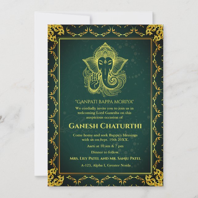 Ganesh Chaturthi Puja Roya Golden Elements Einladung (Vorderseite)