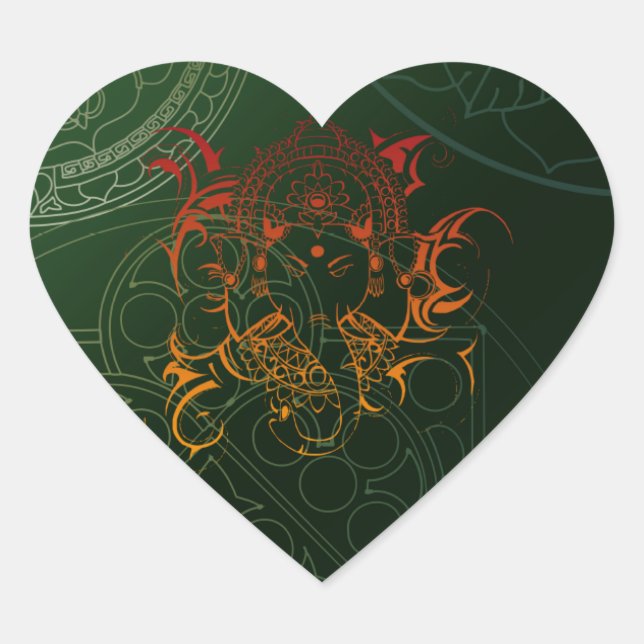 Ganesh Elephant Mandala orange green Yoga Asia Herz-Aufkleber (Vorderseite)