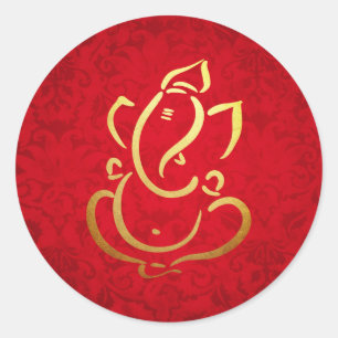 Ganesh   Ganpati   Indischer Gott Damast Rot Runder Aufkleber