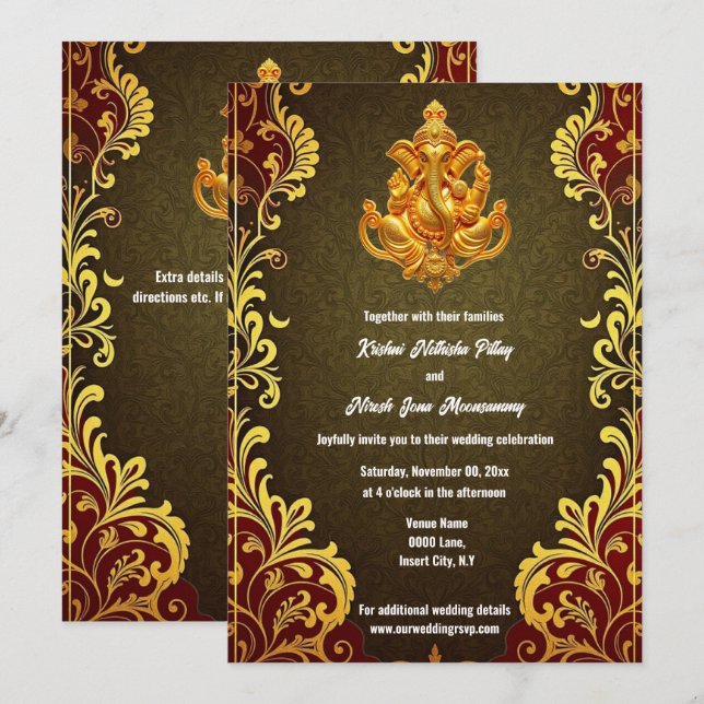 Ganesh gold grün indischen traditionellen Hindi Hi Einladung (Vorne/Hinten)