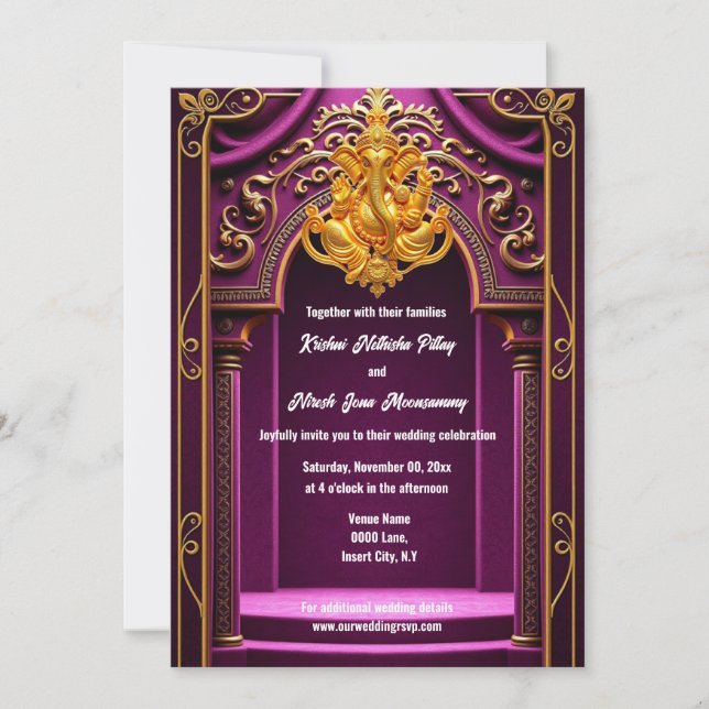 Ganesh gold lila indischer Tempelarch Hindu Einladung (Vorderseite)