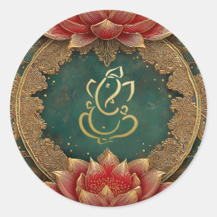 Ganesh Hindu God Wedding   Indian Gold Lotus Green Runder Aufkleber