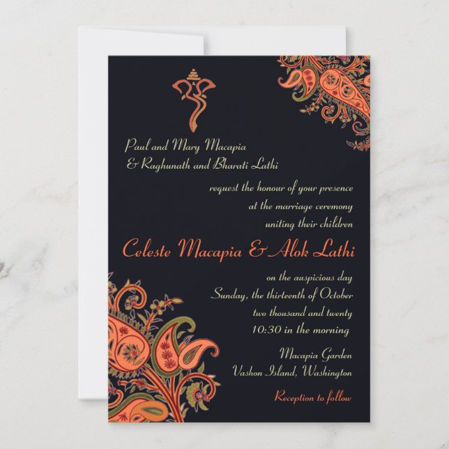 Ganesh Navy Blue Orange Paisley Hindu Hochzeit Einladung (Vorderseite)