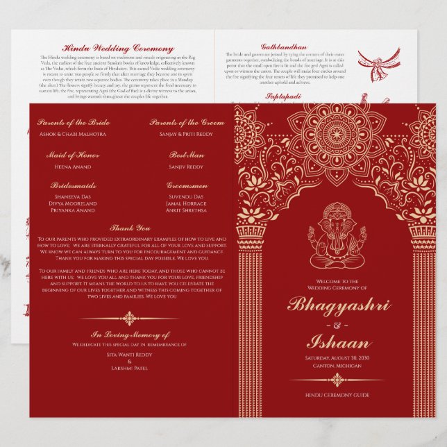 Ganesh Red Hindu Hochzeitsfeier Folded Program (Vorne/Hinten)