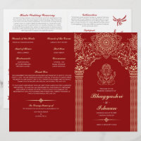 Ganesh Red Hindu Mariage Ceremony Programme plié