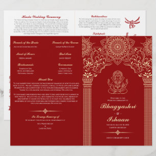 Ganesh Red Hindu Mariage Ceremony Programme plié